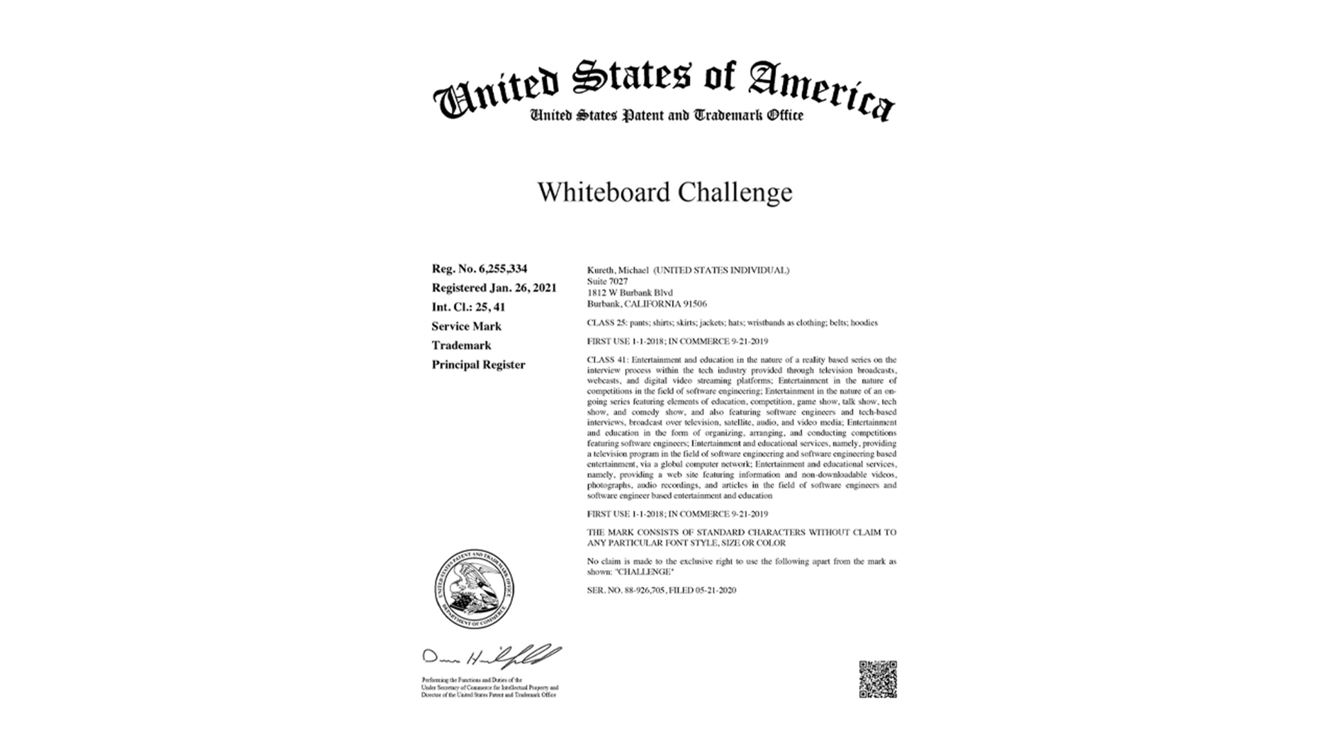 USPTO Issues "Whiteboard Challenge®" Registered Trademark to Michael Kureth
